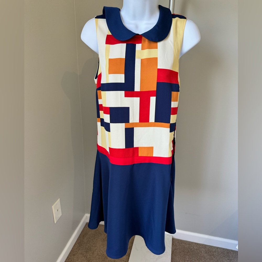 Modcloth‎ Blue Orange Yellow Red Geometric Sleeveless Sheath Tank Dress XS
